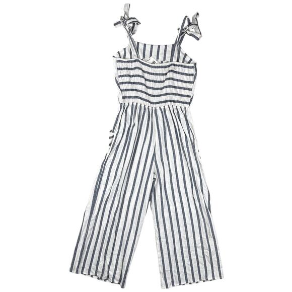 Monteau Los Angeles Cropped Jumpsuit Striped Smocked Linen Cotton Size PM - Picture 3 of 9